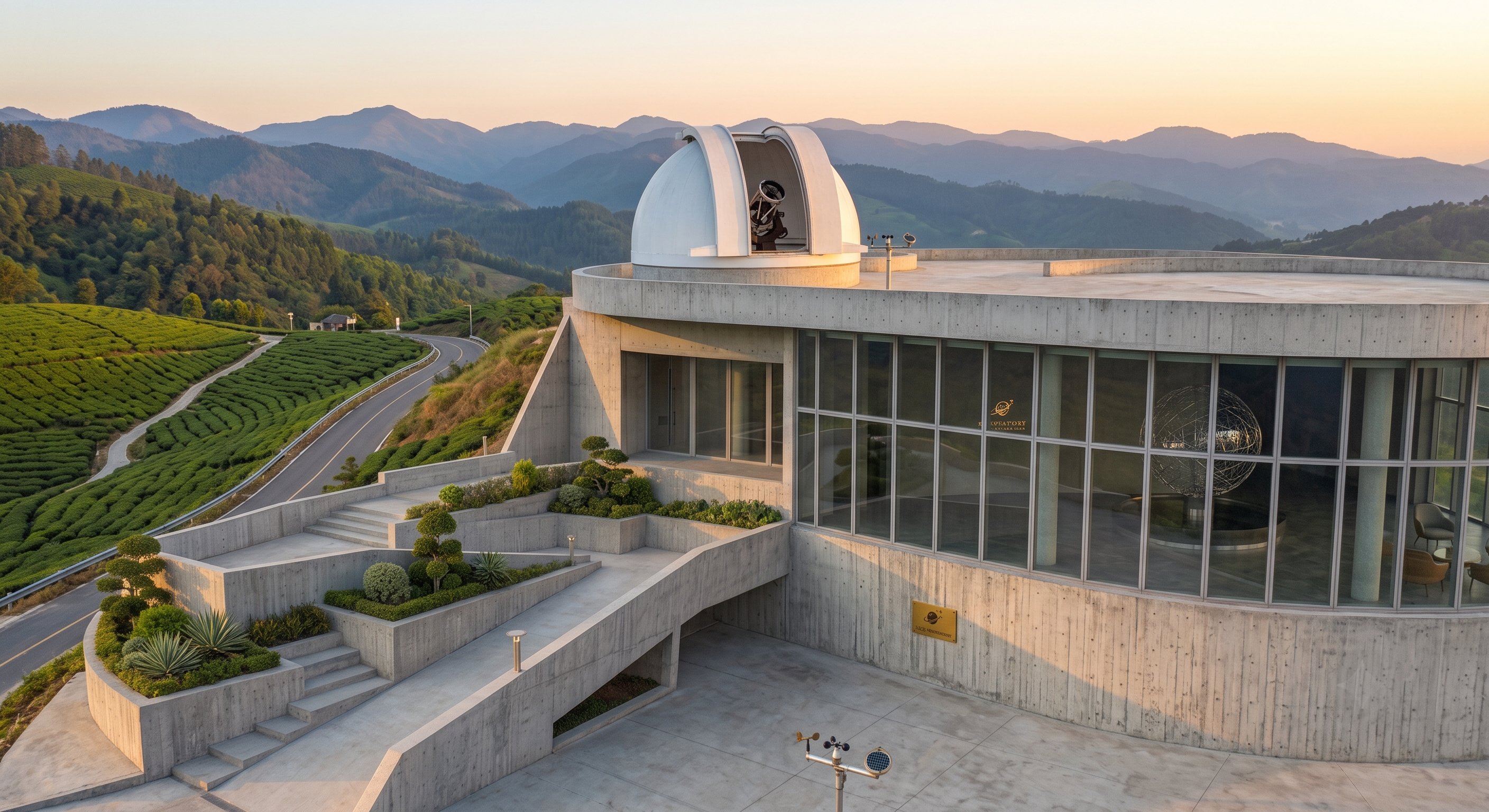 The Stellar Inspire India observatory dome open at sunset above the Nilgiris tea hills