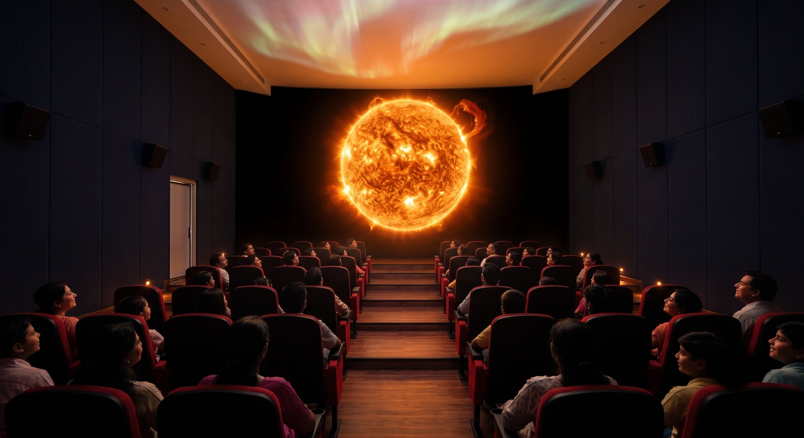 Audience in the Stellar Inspire auditorium watching a giant Sun hologram floating in the air